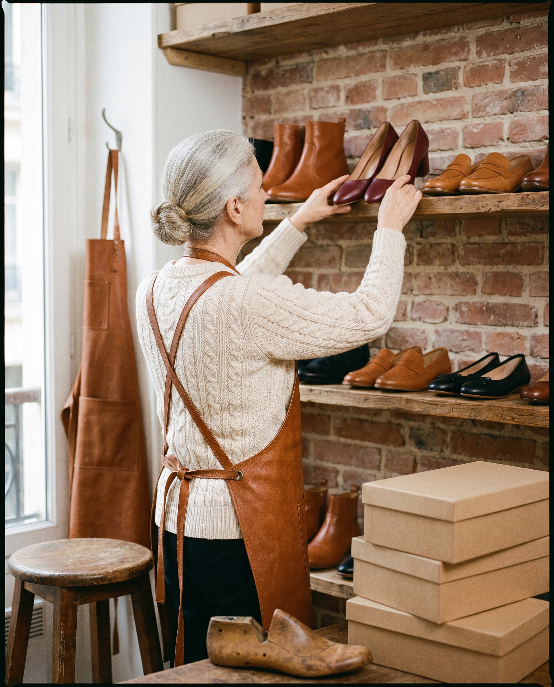 Léonie range une paire sur l'étagère