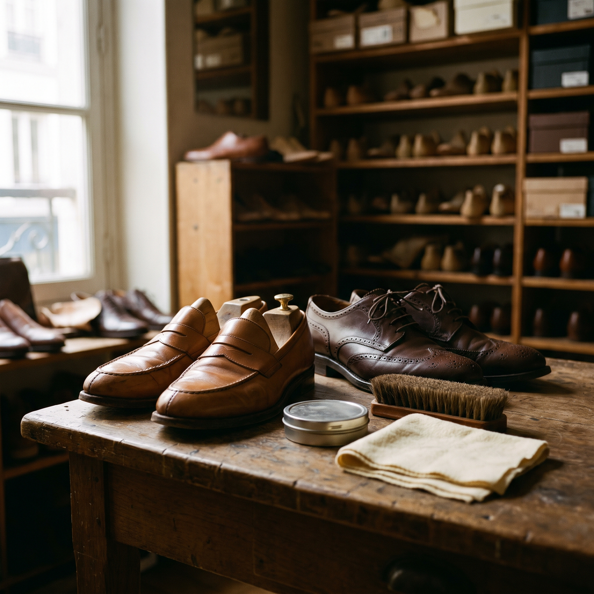 Mocassins et richelieus en cuir à l'atelier