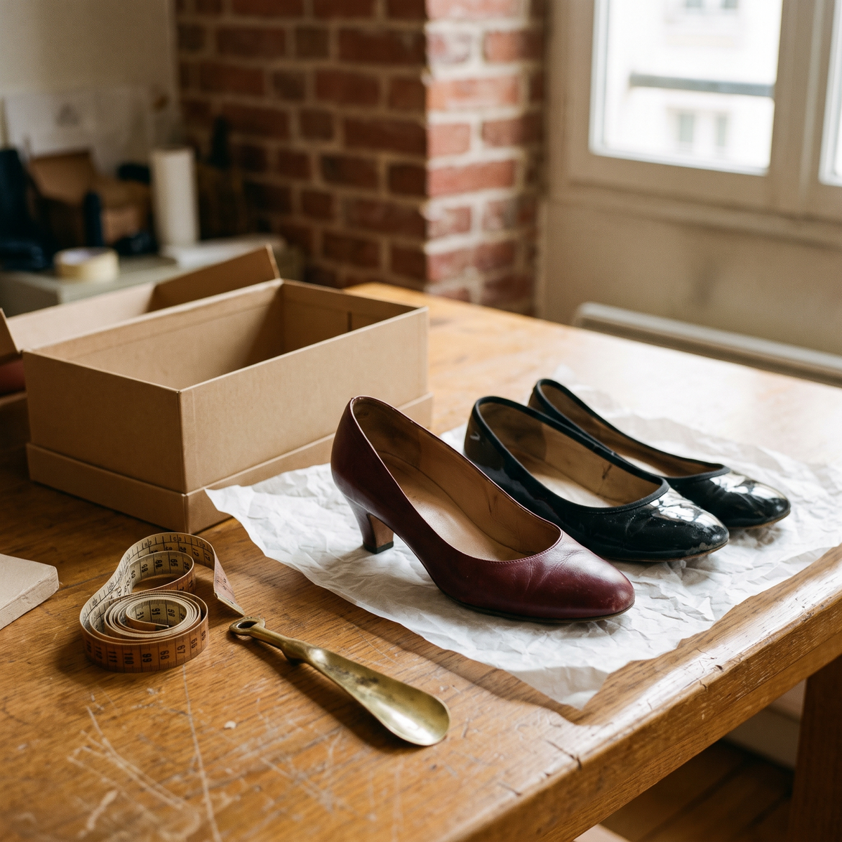 Escarpins bordeaux et ballerines sur l'établi