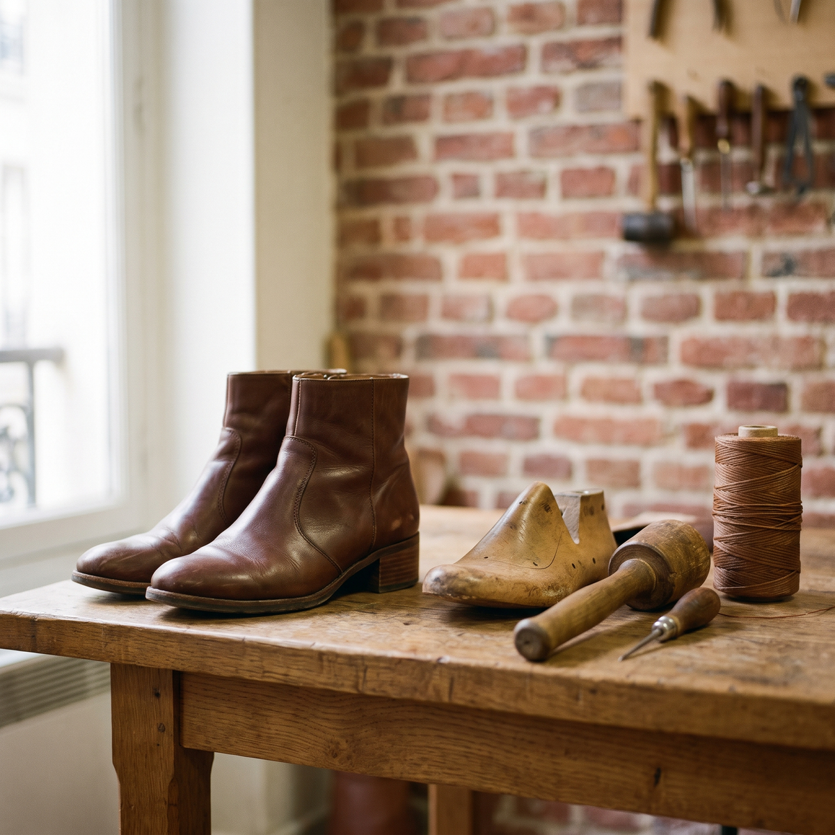 Bottines en cuir sur l'établi de l'atelier