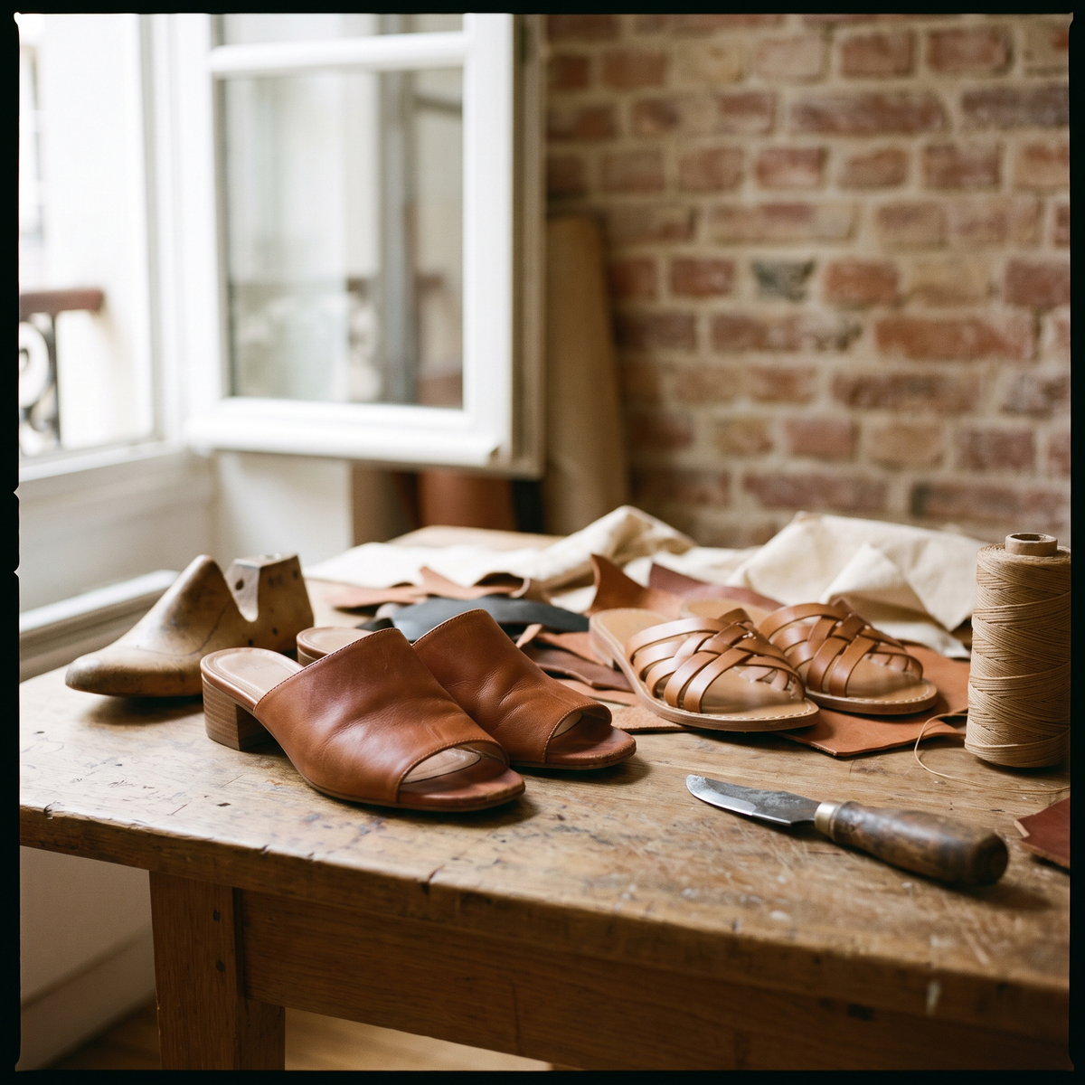Mules et sandales en cuir à l'atelier