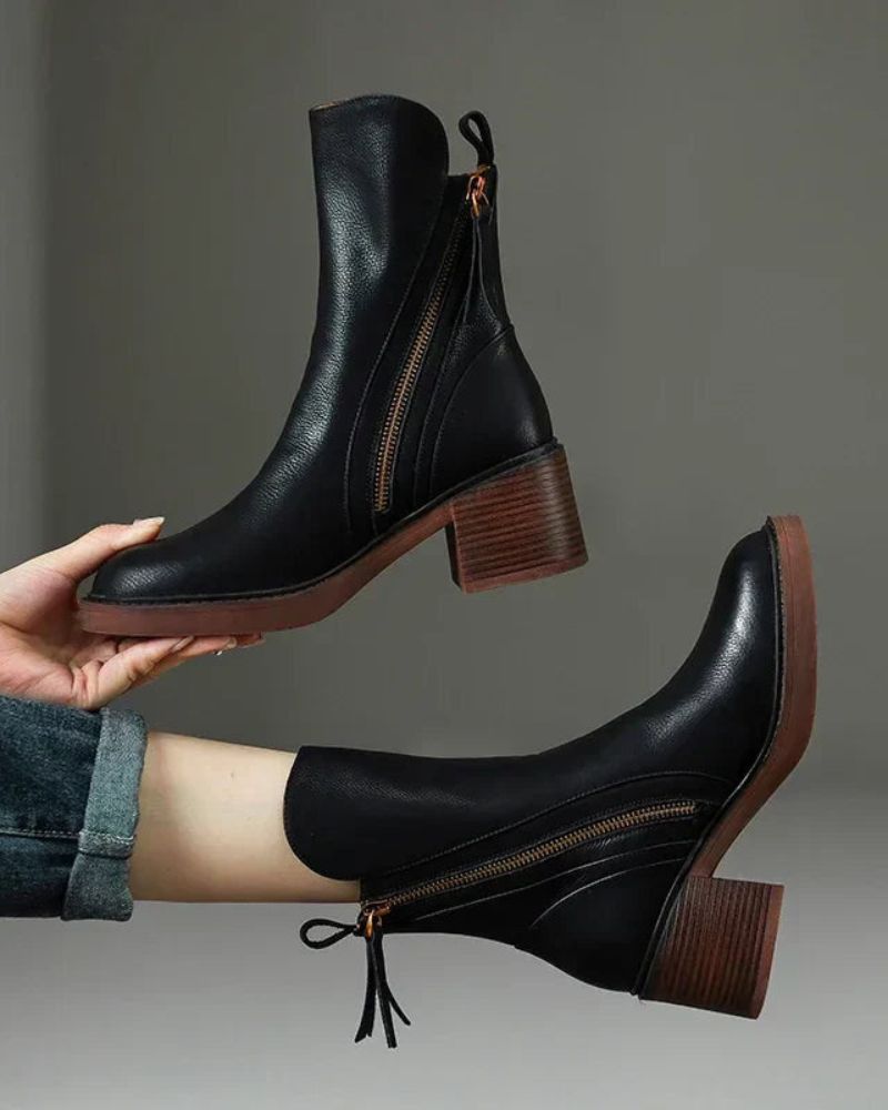 Pernelle | Bottes en Cuir à Talon Carré — Noir