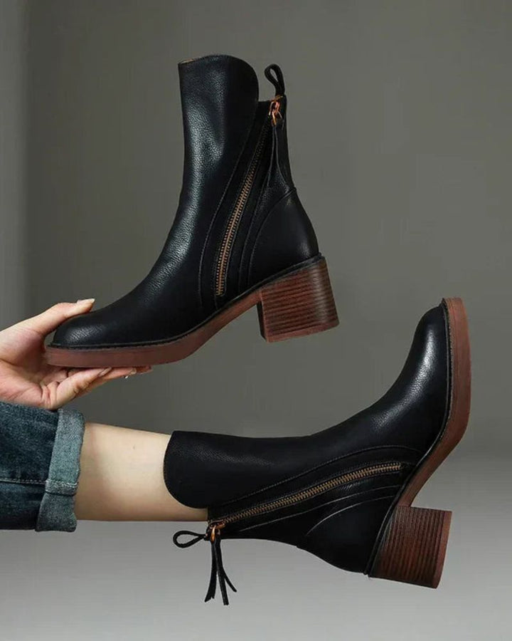 Pernelle | Bottes en Cuir à Talon Carré — Noir