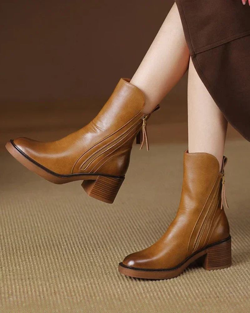 Pernelle | Bottes en Cuir à Talon Carré — Brun