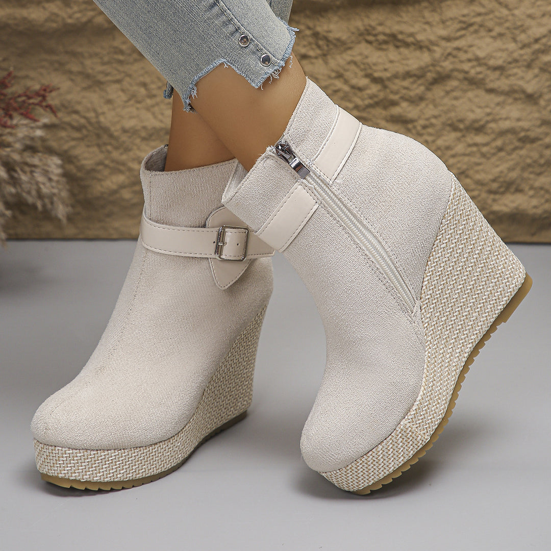 Honorine | Bottines Compensées à Boucle et Zip Latéral - Beige