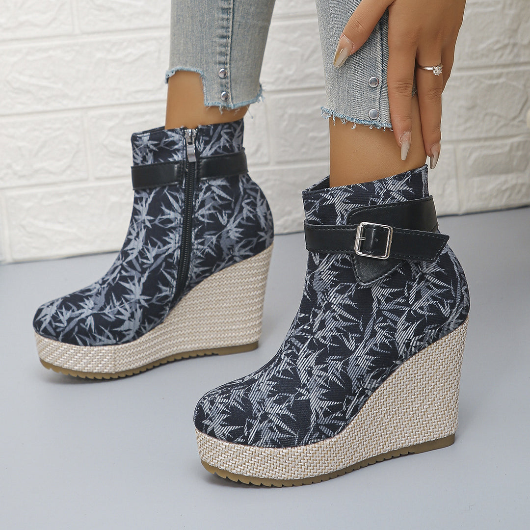 Honorine | Bottines Compensées à Boucle et Zip Latéral - Marine Imprimé