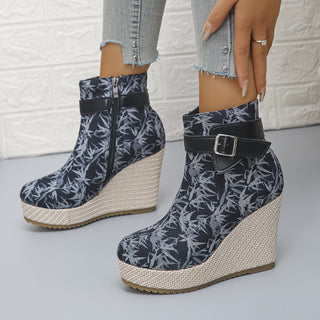 Honorine | Bottines Compensées à Boucle et Zip Latéral - Marine Imprimé