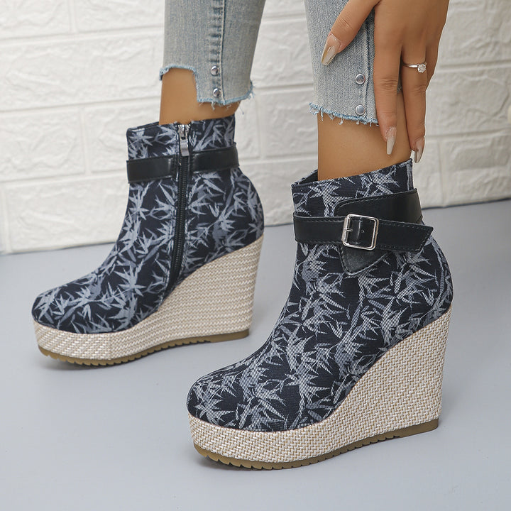 Honorine | Bottines Compensées à Boucle et Zip Latéral - Marine Imprimé