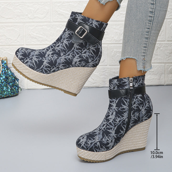Honorine | Bottines Compensées à Boucle et Zip Latéral - Marine Imprimé