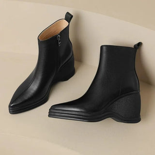 Ophélie | Bottines Pointues à Talon Compensé - Noir Fourré