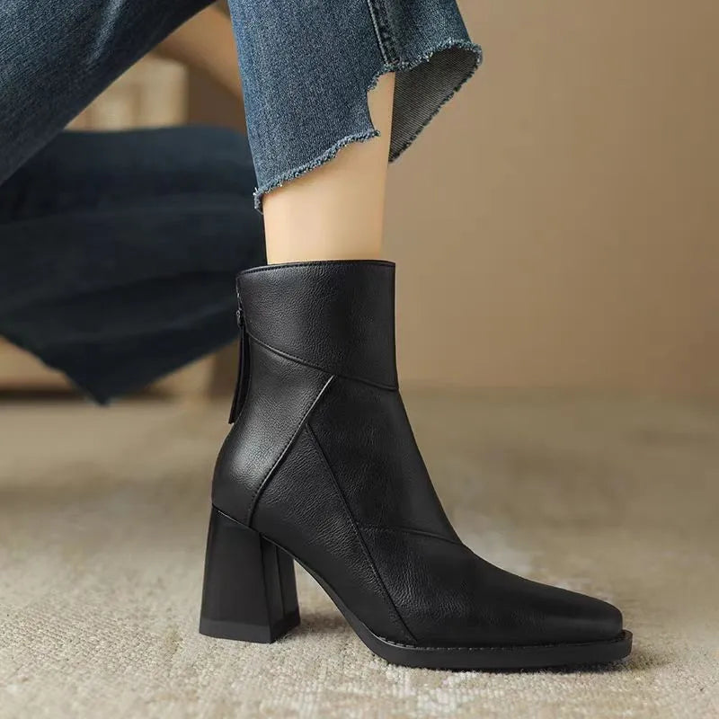 Eugénie | Bottines à Bout Carré et Zip Arrière - Noir