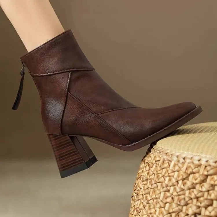 Eugénie | Bottines à Bout Carré et Zip Arrière - Marron