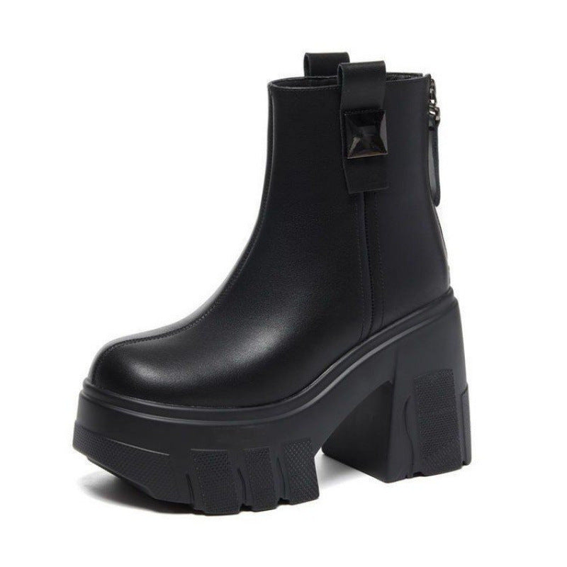 Séverine | Bottines Plateforme à Talon Bloc et Zip Arrière - Noir