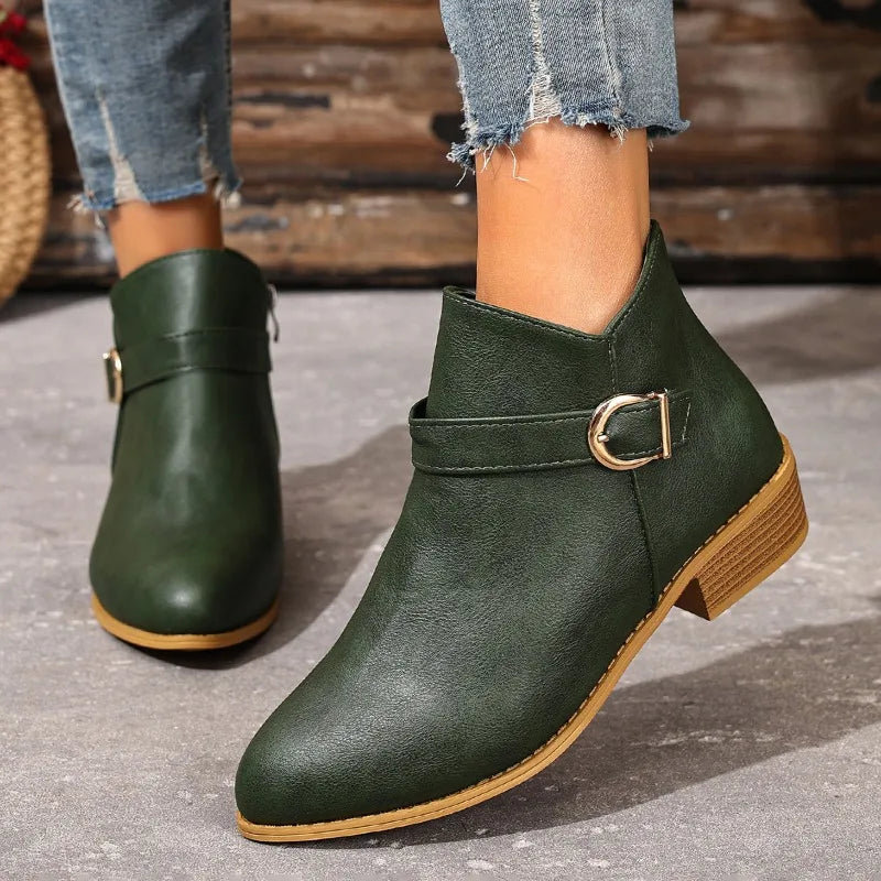 Armelle | Bottines Orthopédiques Pointues à Boucle et Petit Talon - Vert foncé
