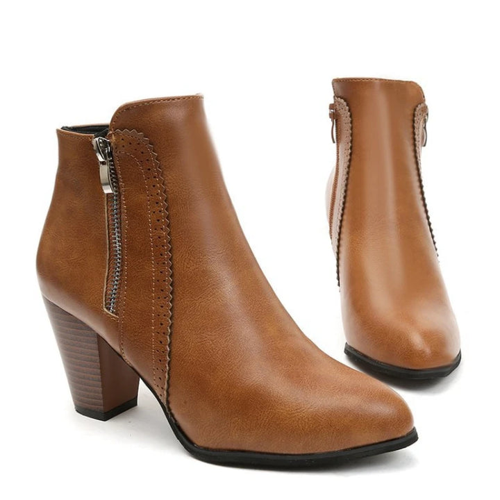 Margaux | Bottines Rétro à Talon Carré et Zip - Marron