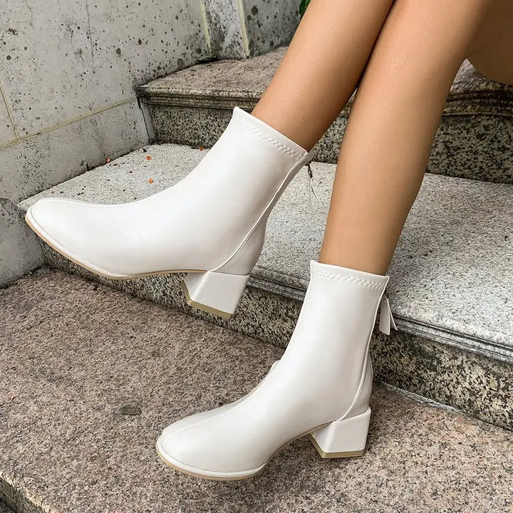 Victoire | Bottines à Talon Bloc et Zip Arrière - Beige