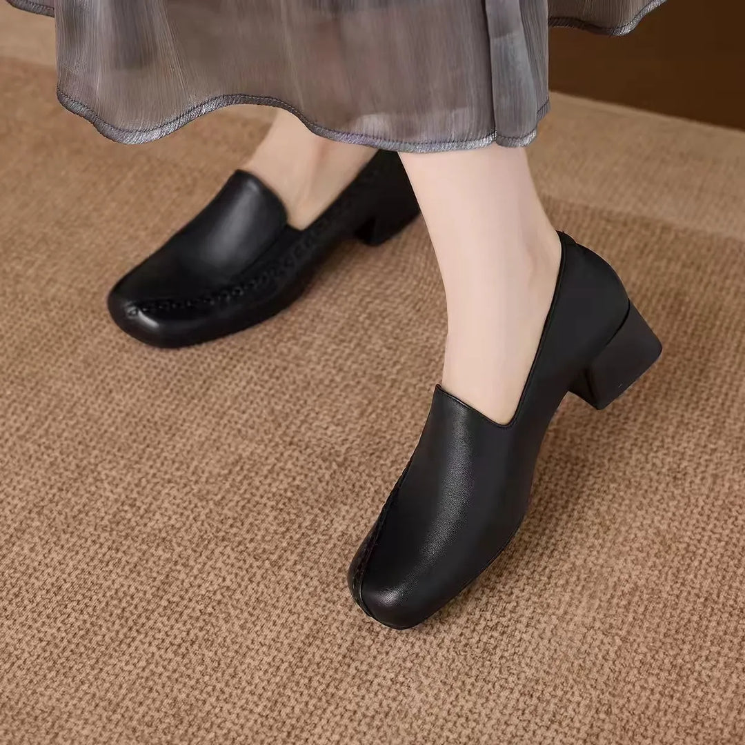 Margaux | Mocassins à Talon Carré Surpiqués - Noir