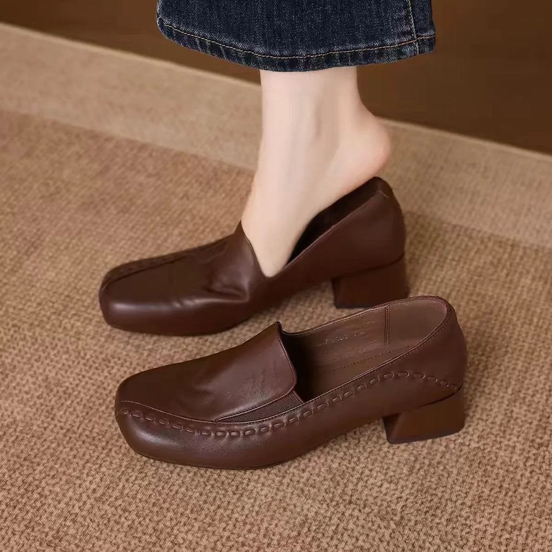 Margaux | Mocassins à Talon Carré Surpiqués - Marron